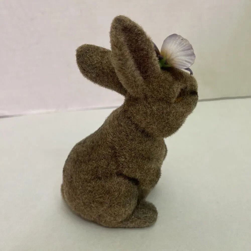 Vtg Flocked Fuzzy Brown Bunny Rabbit Animal Figure Coin Bank Piggy Bank Pansy 6”